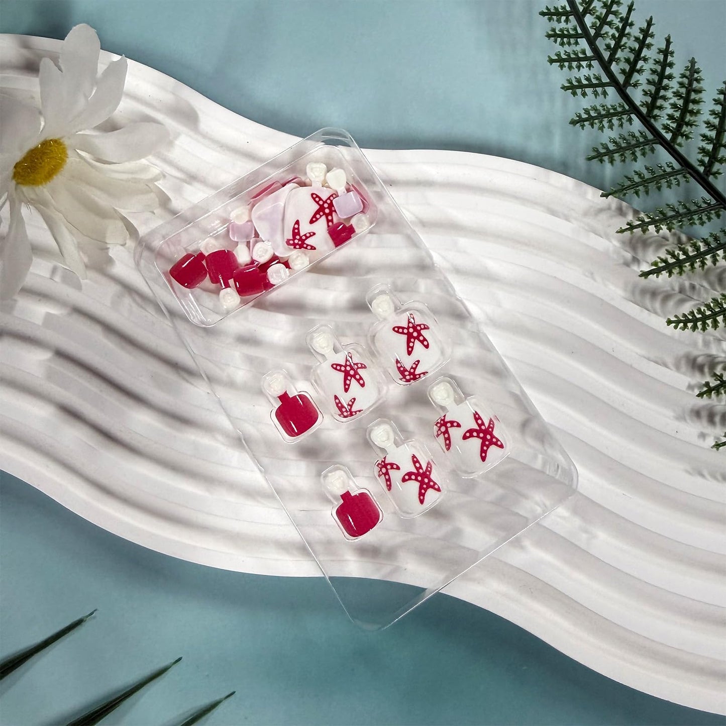 Pink Starfish Press on Toenails Short Square Fake Toenails Acrylic Toe Nail Press ons Reusable Stick on Toes Nails for Women Summer Beach Vacation Manicure 24Pcs