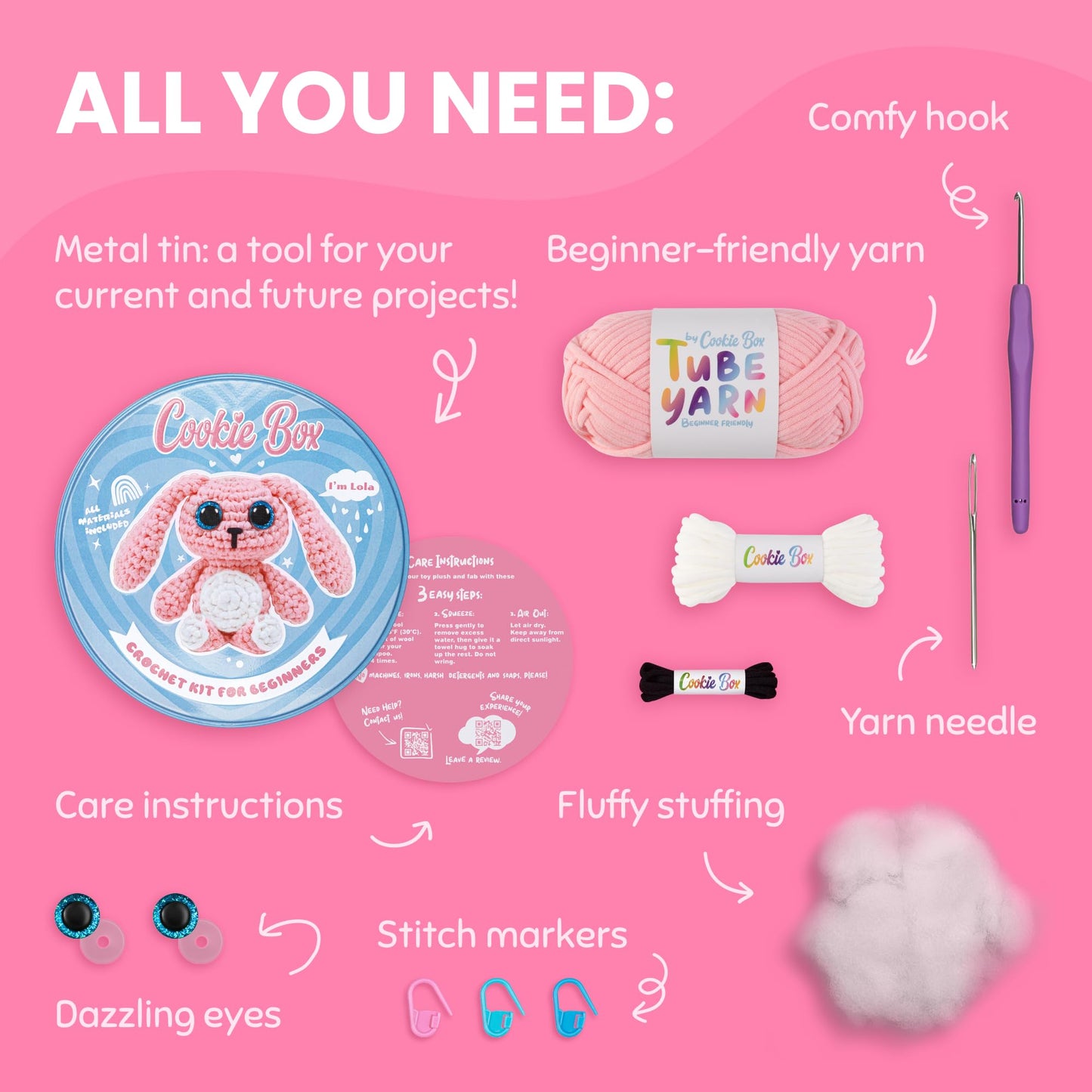 Cookie Box Original Crochet Kit for Beginners – Gift Set to Make Bunny Lola Amigurumi Plushie – Easy DIY Crochet & Knitting Starter Kit with Video and PDF Tutorials