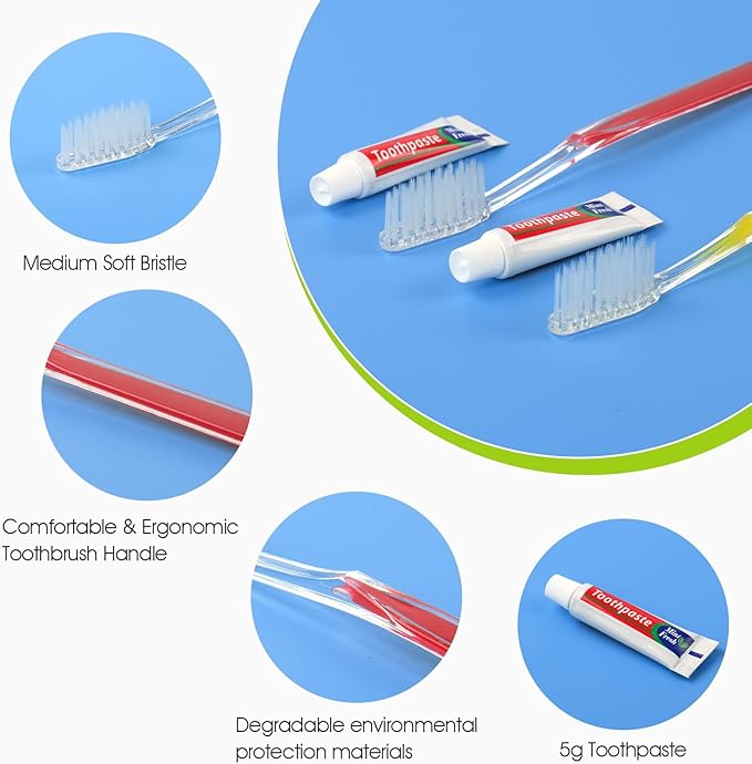 Homvle 100 Packs Disposable Toothbrushes with Toothpaste, Individually Wrapped Travel Toothbrush and Toothpaste Buld for Travel Size Toiletries, OCC, Airbnb, Dentist, Office/4 Colorful