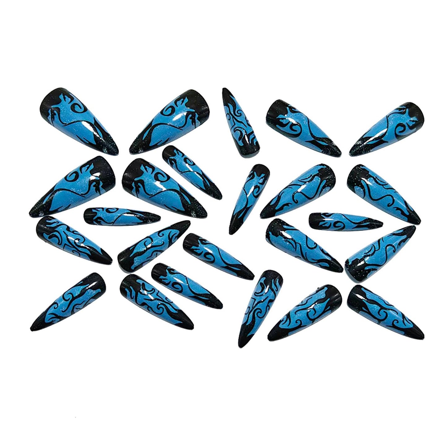 RUOKEXIN Long Stiletto Press on Nails French Tip Fake Nails Glitter False Nails with Designs Almond Nail Press ons Sparkly Artificial Nails for Women 24Pcs