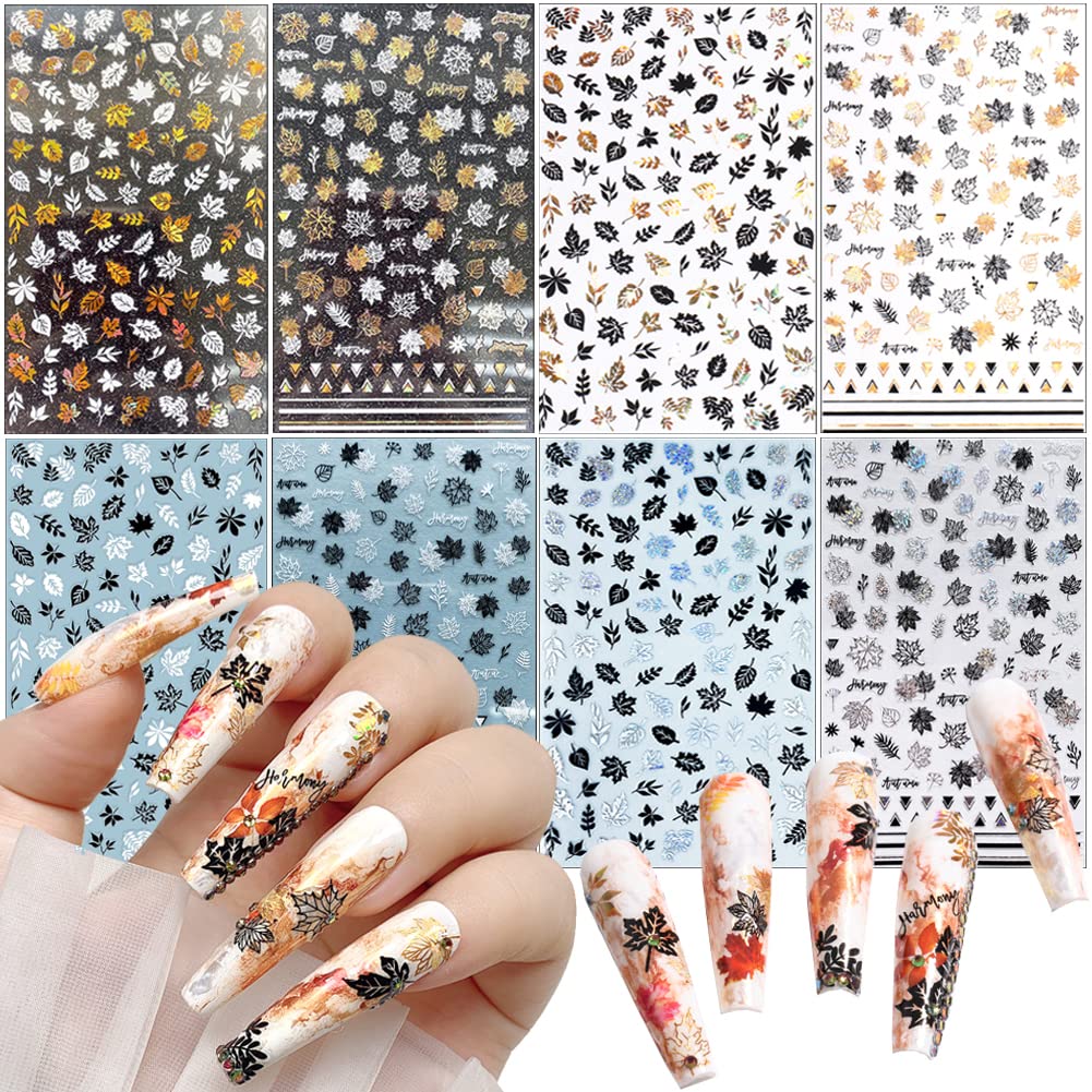 8 Sheets Fall Leaves Nail Art Stickers Gold Maple Leaf Self-Adhesive Nail Decals 3D Stickers Foil Autumn Maple Nail Designs Laser Shiny Manicure Tip Fall Nail Decorations for Thanksgiving Day Supplies