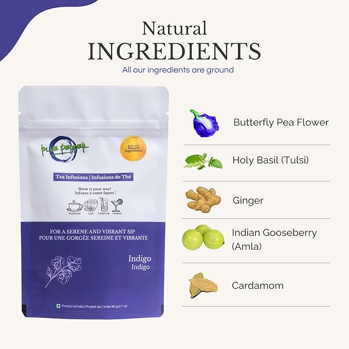 Blue Pepper Tea Infusion | Butterfly Pea Flower Blend with Ginger, Tulsi (Holy Basil), Amla (Indian Gooseberry) & Cardamom | Caffeine-Free Natural Beverage | 60g