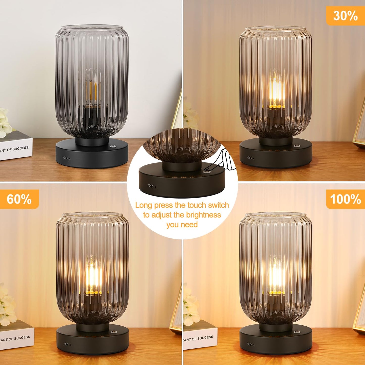 LigthRound Touch Table Lamp for Bedroom, Cordless Bedside Small Table Lamp, Dimmable Rechargeable Battery Operated Lamp for Nightstand, Bedside, Living Room, Desk, LED Bulb Included