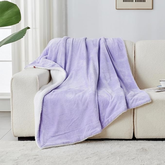SOCHOW Waffle Sherpa Fleece Throw Blanket, Super Soft Fuzzy Warm, Lightweight Fluffy Reversible Plush Blanket for Bed Sofa Couch, 50 x 60 Inches Lilac