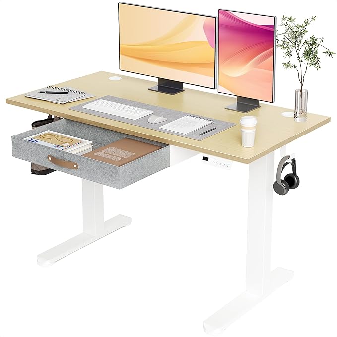 Seang Standing Desk with Drawer, 48" x 24" Height Adjustable Stand Up Desk, 3 Memory Height Settings with Cable Grommets & Storage Hooks, Ideal for Home & Office, Nature