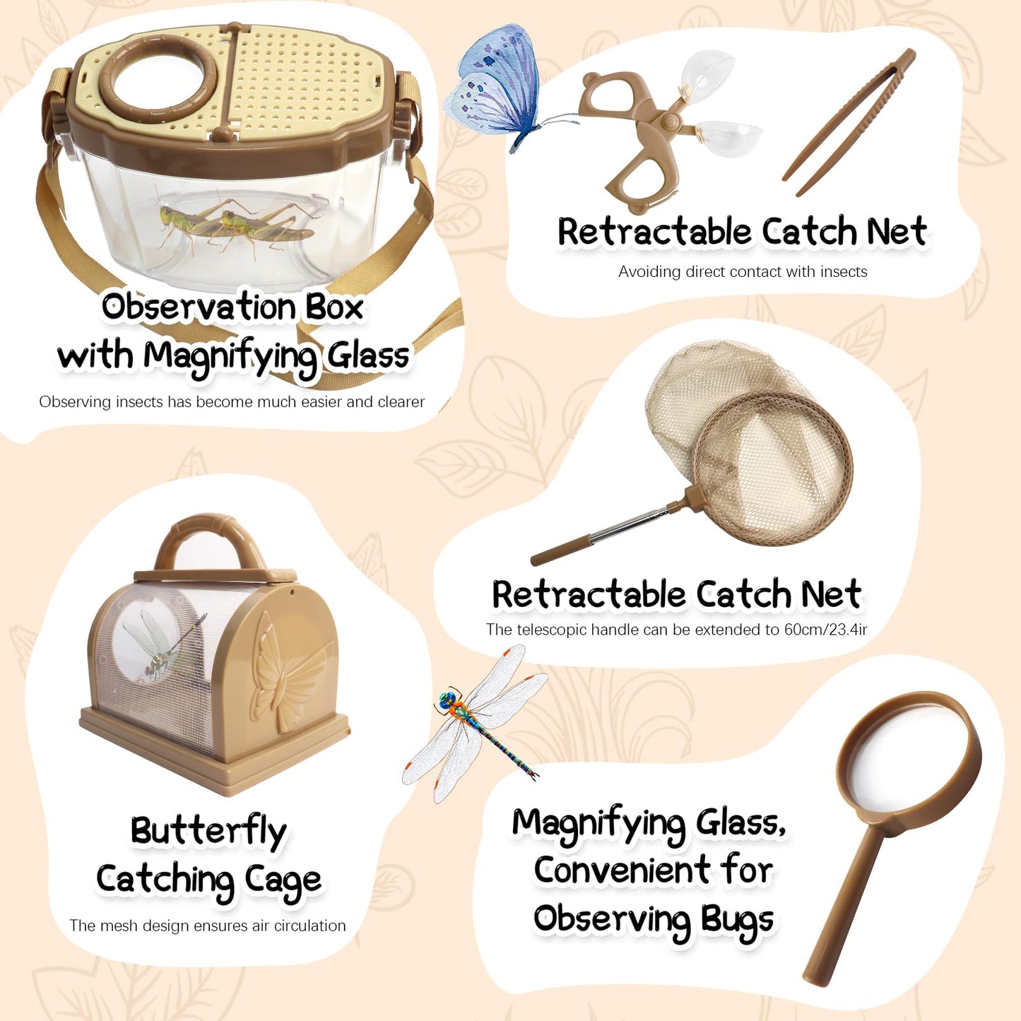 Bug Catcher for Kids Explorer Kit Kids Bug Catching Kit, Bug Catcher Kit for Kid with Binoculars, Magnifying Glass, Butterfly Kit for Aged 3+ (Brown)