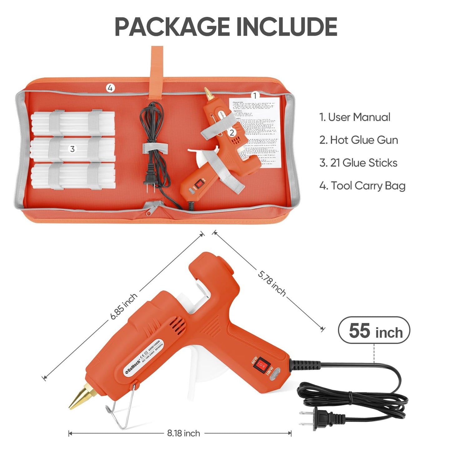 ROMECH Full Size Hot Glue Gun with 60/100W Dual Power and 21 Hot Glue Sticks (7/16"), Fast Preheating Heavy Duty Industrial Gluegun with Storage Case for Crafting, DIY and Repairs (Orange)