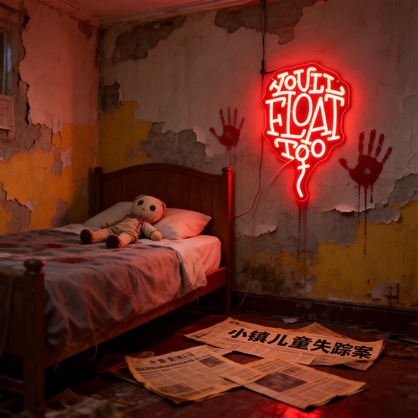 You'll Float Too Neon Sign, Dimmable LED Wall Light, USB Powered Horror Movie Decor for Gothic Room, Creepy Clown Fans, Spooky Halloween Wall Art & Scary Gift