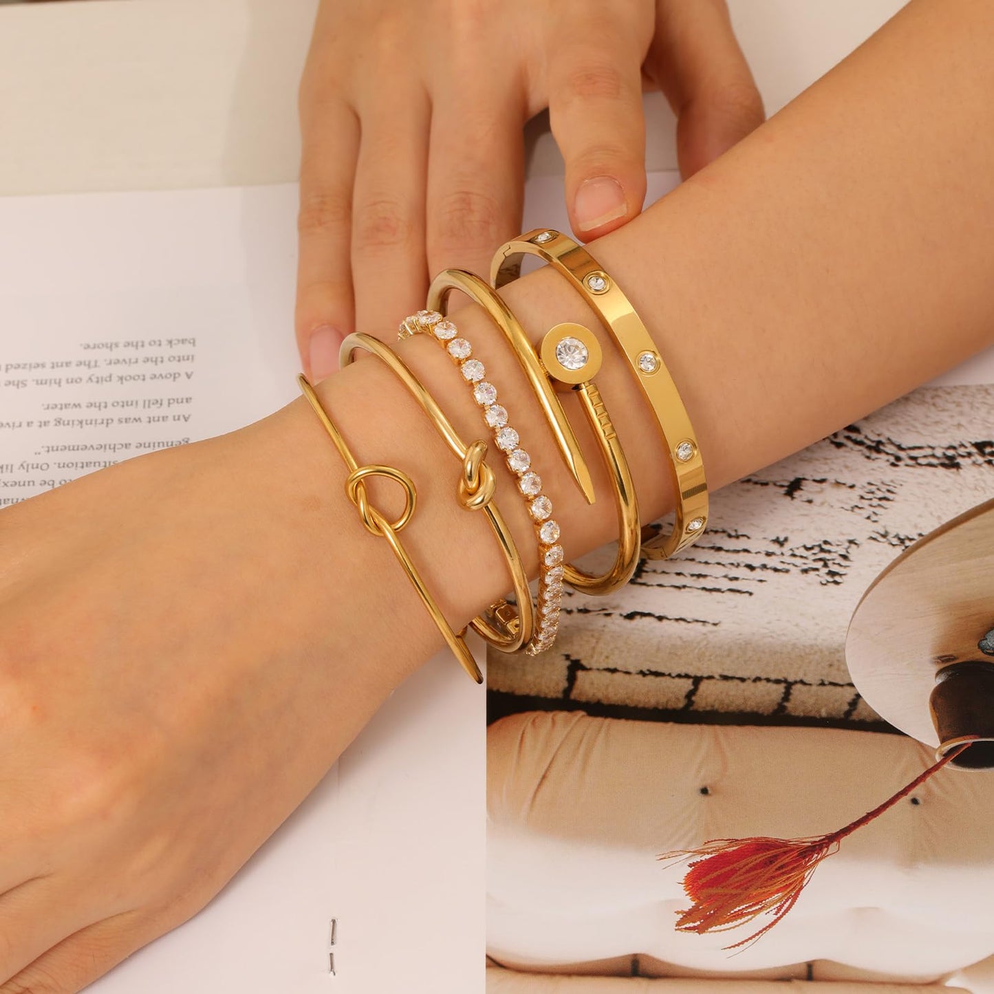 FAFUGA 18 K Gold Plated Love Bangle Bracelet Stack Cuff Jewelry for Women Jewelry Set for Women Gift with Box (style8)