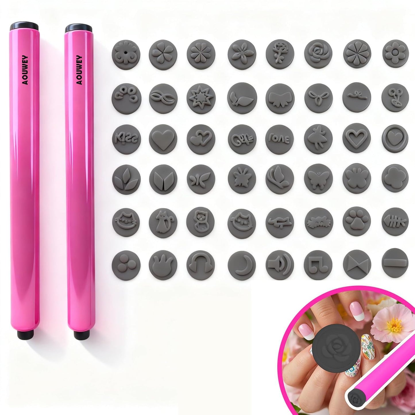 AOUWEY 48 Pcs Nail Stamp Pen Set - Fast DIY Manicure Kit with Floral Butterfly Rose Patterns for Girls Ladies Personal Use