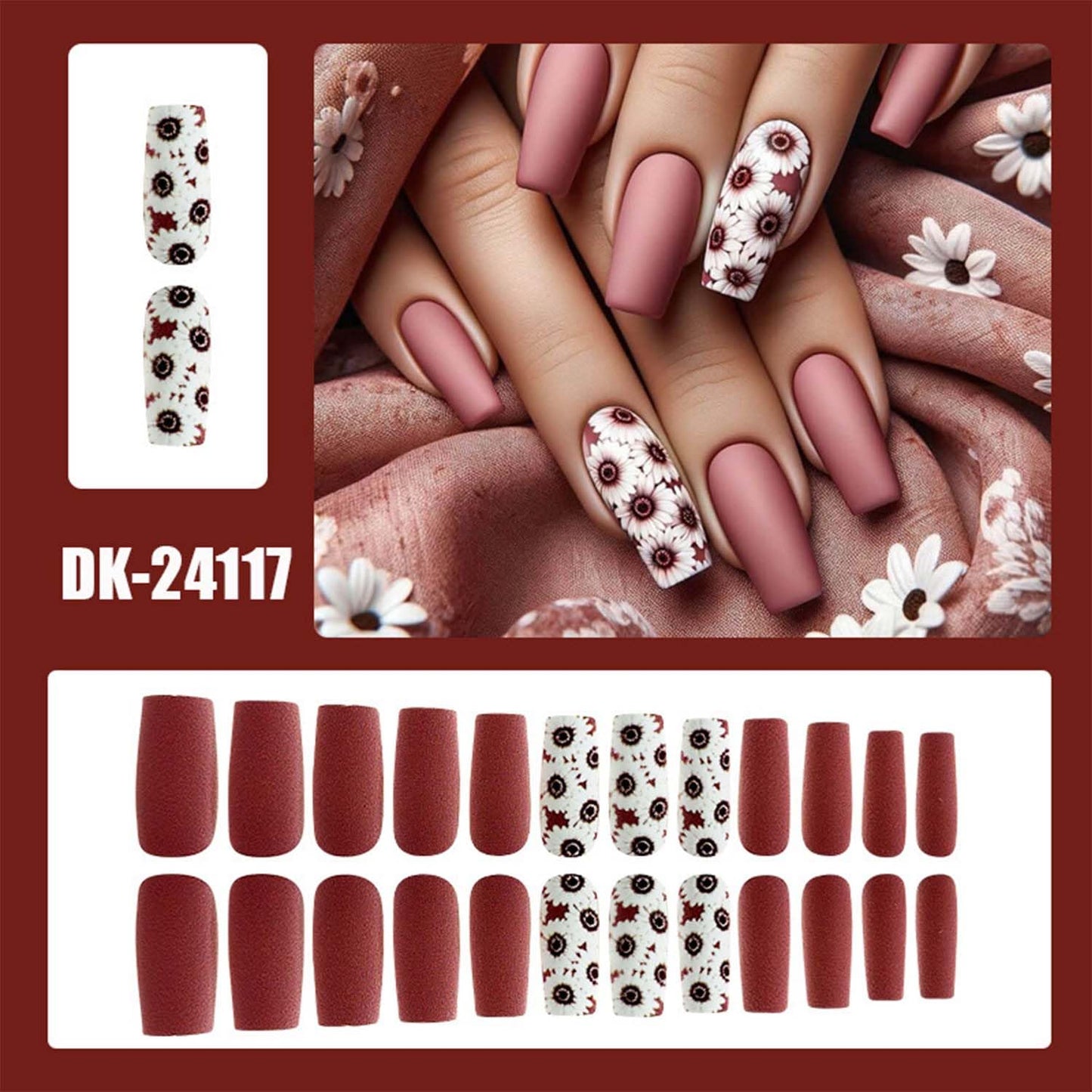 Spring Press On Nails Square Press On Nails Medium False Nails With Flower Design Red Acrylic Full Cover Artificial Matte Glue On Nail Floral Stick On Nail For Women Manicure 24pcs