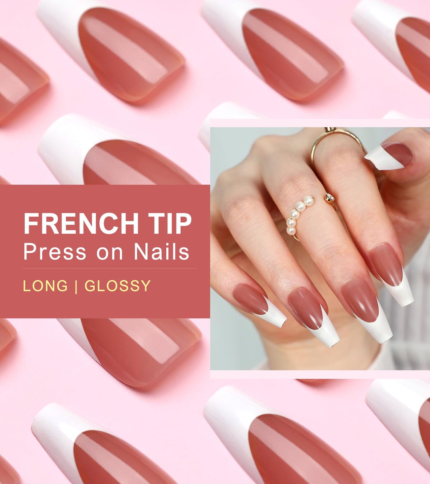 Morily Pink White French Tip Press on Nails - 30Pcs Thicker Fake Nails with Design, Full Cover Long Coffin False Nails Reusable Acrylic Stick on Nails in 15 Sizes, Include Glass File