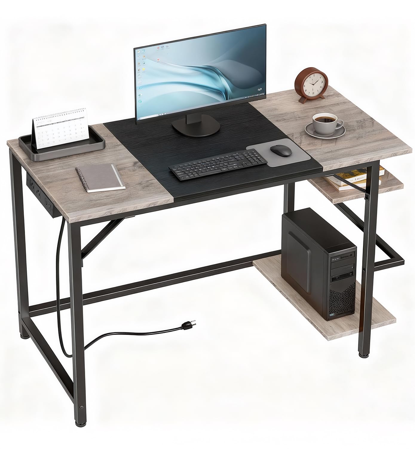 HOOBRO Computer Desk, Home Office Desk with Power Outlet, Writing Desk with 2 Shelves, Modern Small Desk for Home Office, Study, Easy to Assemble, Charcoal Gray and Black BG43UDN01