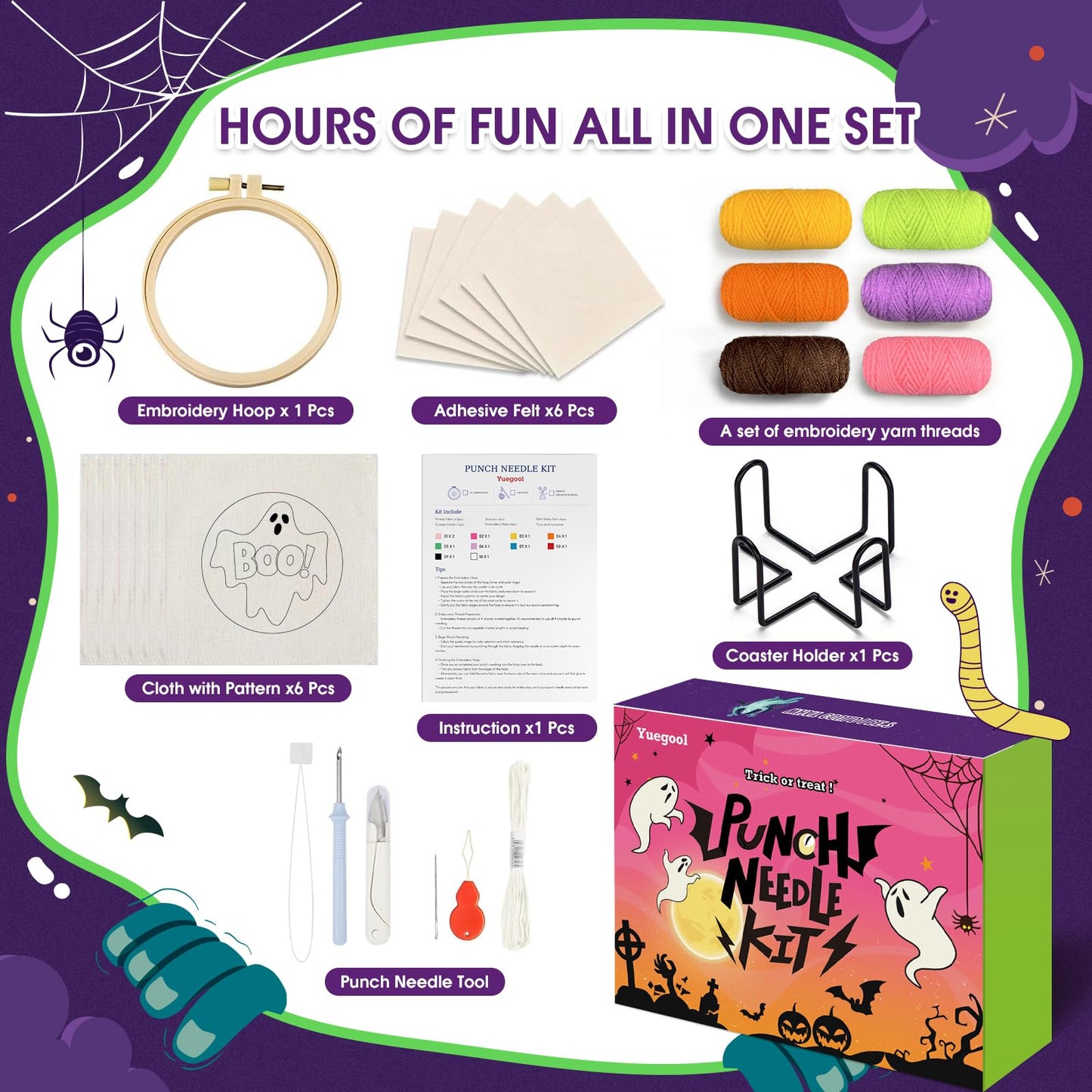 yuegool 6PCS Enchanted Oddities Punch Needle Coasters Kit – Easy DIY Embroidery Kit for Beginners, Adults Includes Patterns, Tools, Yarns, Hoop, Instructions, Coaster Holder