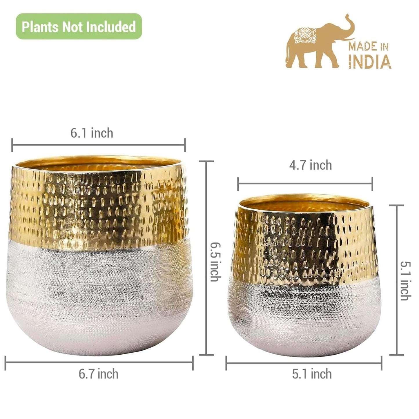 MyGift Round Two-Toned Indoor Planter Pot, Hammered Brass and Milled Embossed Silver Tone Metal Planter Vase, Set of 2 - Handcrafted in India