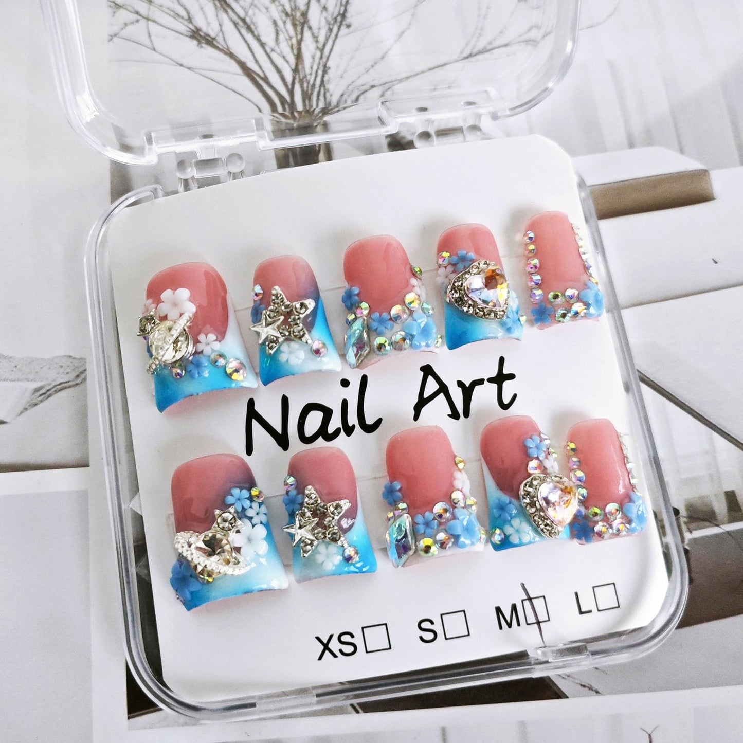 10 Pcs Handmade Acrylic Press on Nails Short Duck Fake Nails with Design 3D Flower Rhinestone Charm Glue on False Nails Blue White French Tip Artificial Handmade Nails for Women - Size M