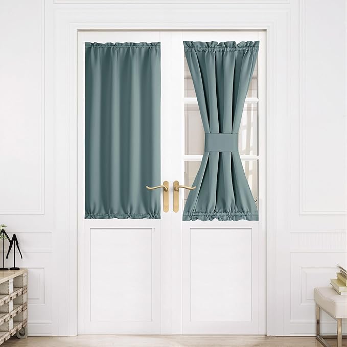 NICETOWN Blackout Door Curtain – Thermal Insulated Blackout Window Cover for French & Front Doors with Adjustable Tieback, Room Darkening Shade for Privacy, Greyish Blue, W30 x L50, 1 Panel