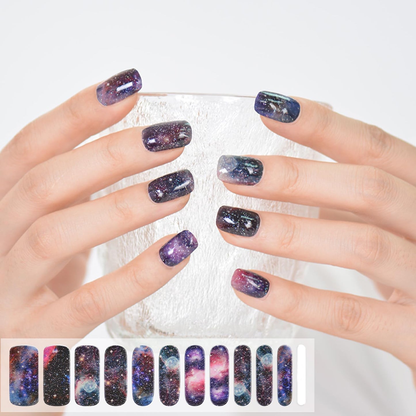 SILPECWEE Semi Cured Gel Nail Strips (Galaxy, Starry Sky Star - 22PCS), Gel Stickers Full Nail Wraps Need UV Light, Salon Quality & Easy to Use Manicure Sticker Nails for Women Girls