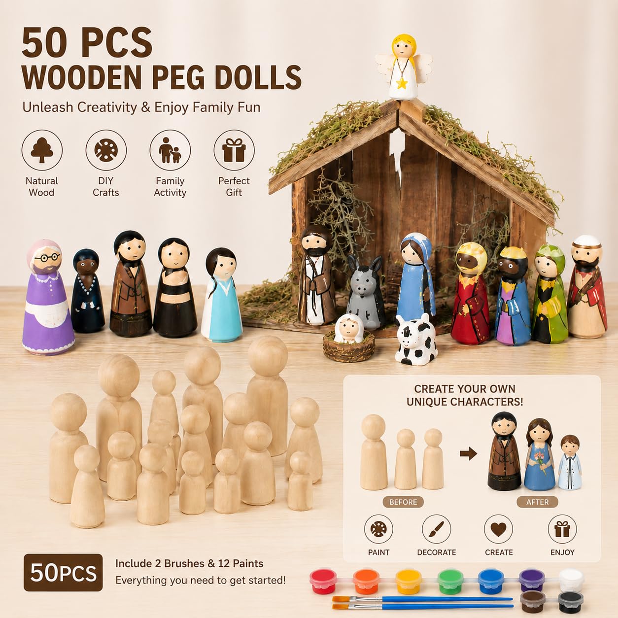 50 Wooden Peg Dolls for Crafts & Painting, Unfinished Waldorf Peg People Set with Storage Box for DIY Art Projects