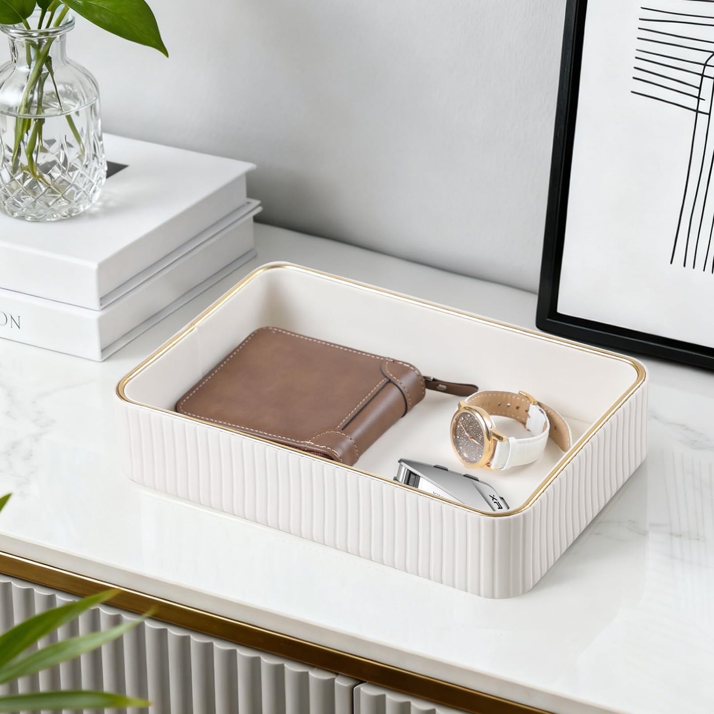 MEIBOOCH Desk Organizer Tray, PU Leather Nightstand Organizer Perfume Valet Tray for Men Women, Decorative Vanity Trays Trinket Dish Key Bowl for Entryway Table (Ivory, Medium)