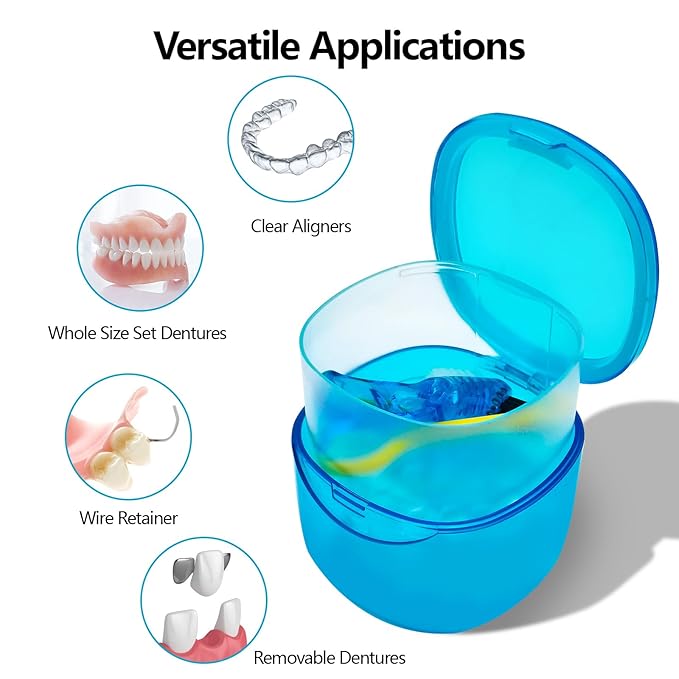 Denture Bath Case Denture Soaking Container with Lid Leak Proof, False Teeth Holder Mouthguard Storage Box Retainer Soaking Case - Transparent Blue