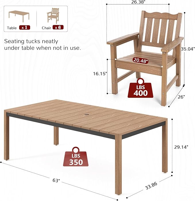 Stoog 7-Piece All-Weather Patio Dining Set, HIPS Dining Table with Cross-Braced Aluminum Frame & Umbrella Hole, 6 Waterproof Chairs, Fade & Rot Resistant, for Backyard, Garden, Deck, Teak