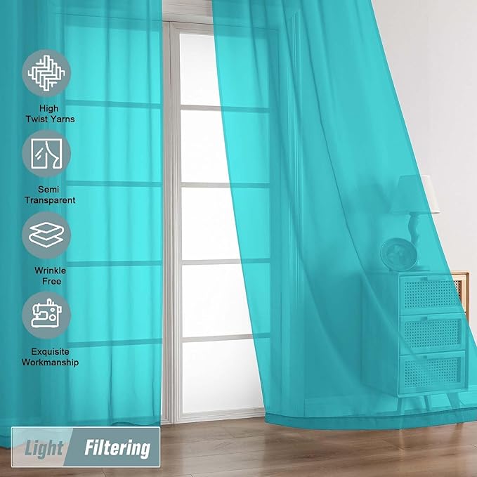 Turquoise Sheer Curtains 90 Inches Long 2 Panels, Light Filtering Solid Sheer Curtains for Bedroom Living Room, Lightweight Soft Airy Voile Sheer Drapes, Dual Rod Pocket, 2x42Wx90L Inches