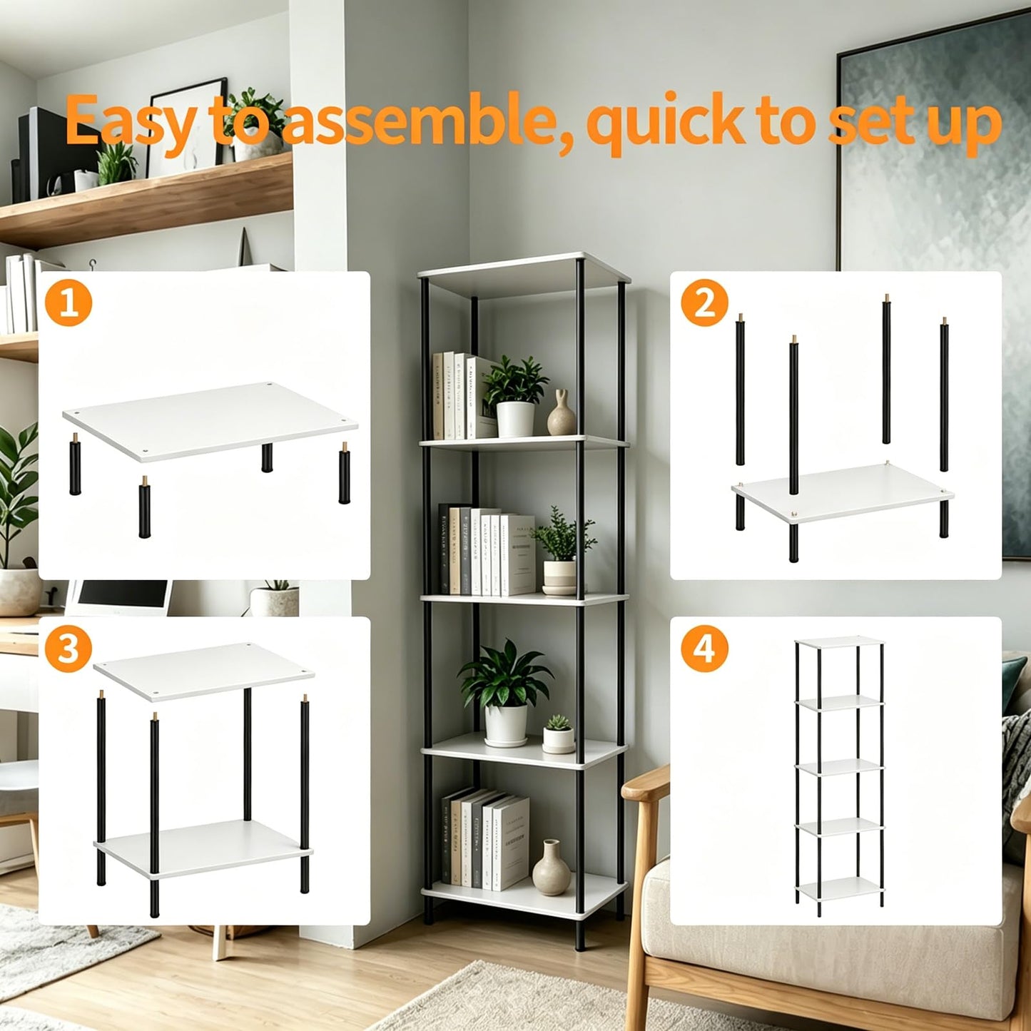FredCache 5 Tier Corner Bookshelf,Wooden Standing Shelf Unit with Thin Metal Frame,Anti-Tip Design Narrow Storage Organizer for Small Spaces,Living Room Bedroom Office Kitchen,White