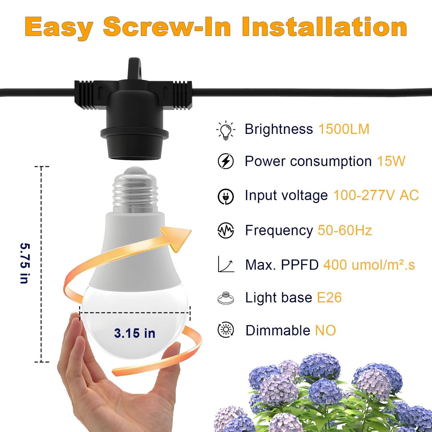LED Grow Light Bulbs on a 22 ft Rainproof String, 90W Waterproof Full Spectrum Hanging Plant Growing Lamps, E26 Base for Backyard, Garden, Farm (6 Lights)
