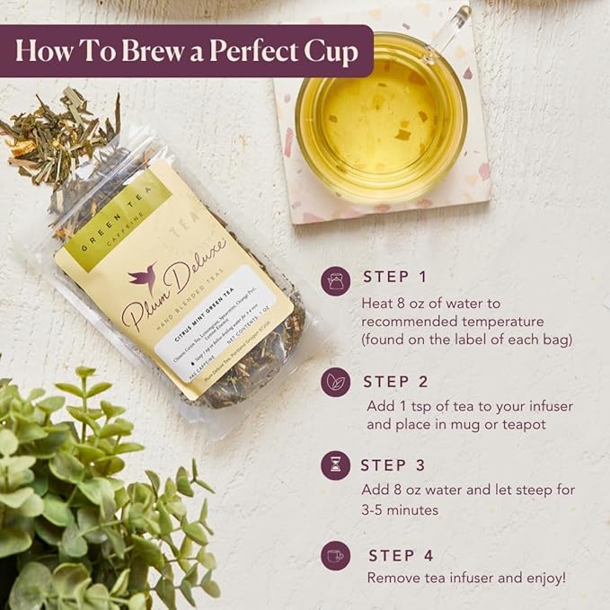 Citrus Mint Green Tea – Refreshing Loose Leaf Blend with Green Tea, Orange, Lemon, Lemongrass and Spearmint – Low Caffeine – Hot or Iced – 60 to 80 Cups – No Added Sugar – Hand Crafted in USA - Plum Deluxe
