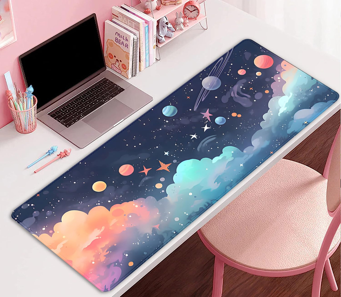 Cosmos Desk Mat Mouse Pad,Anime-Inspired Space Scene Mousepad, Cute Aesthetic Stars and Planets,Large Galaxy Mouse Pad,Cute Desk Mat for Home Work Ofiice(27.5X11.8 in)