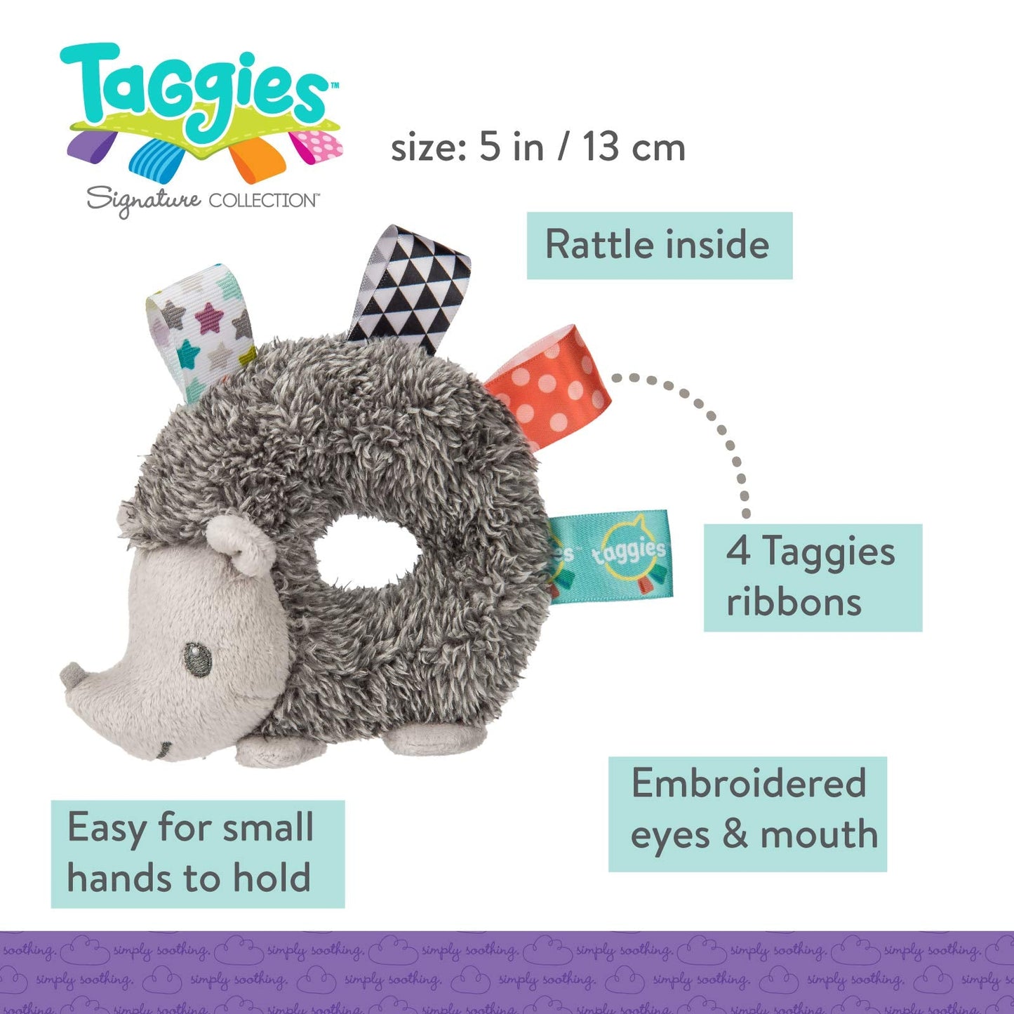 Mary Meyer 8-Inch Heather Hedgehog Soft Toy and Heather Hedgehog Baby Rattle Taggies Bundle