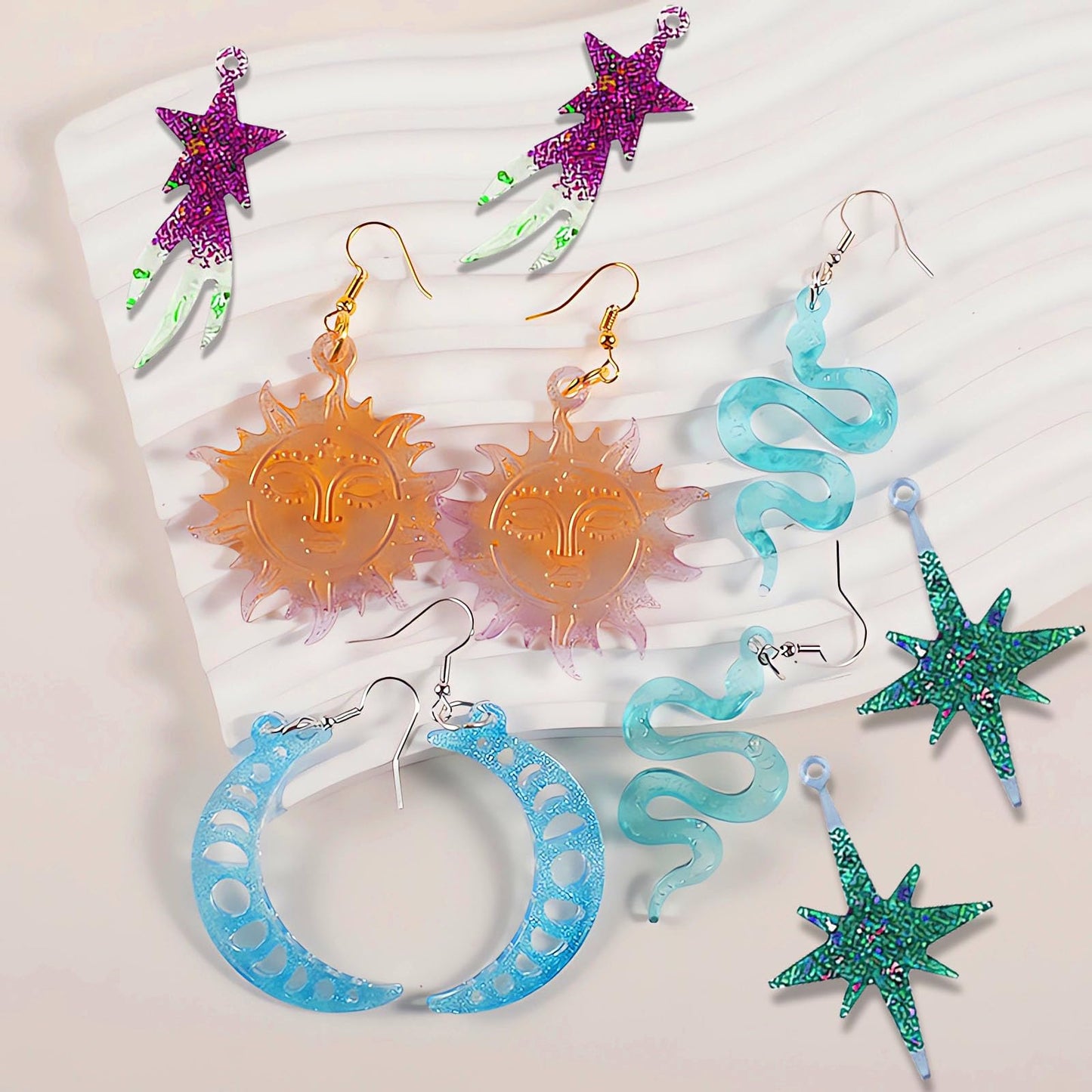 Szecl 3Pcs Moon Star Earring Silicone Mold with Hole 36 Cavities Astral Butterfly Snake Astronomy Cloud Sun Shape Resin Casting Mold Keychain Necklace Pendant Handmade DIY Craft Jewelry Making Tool