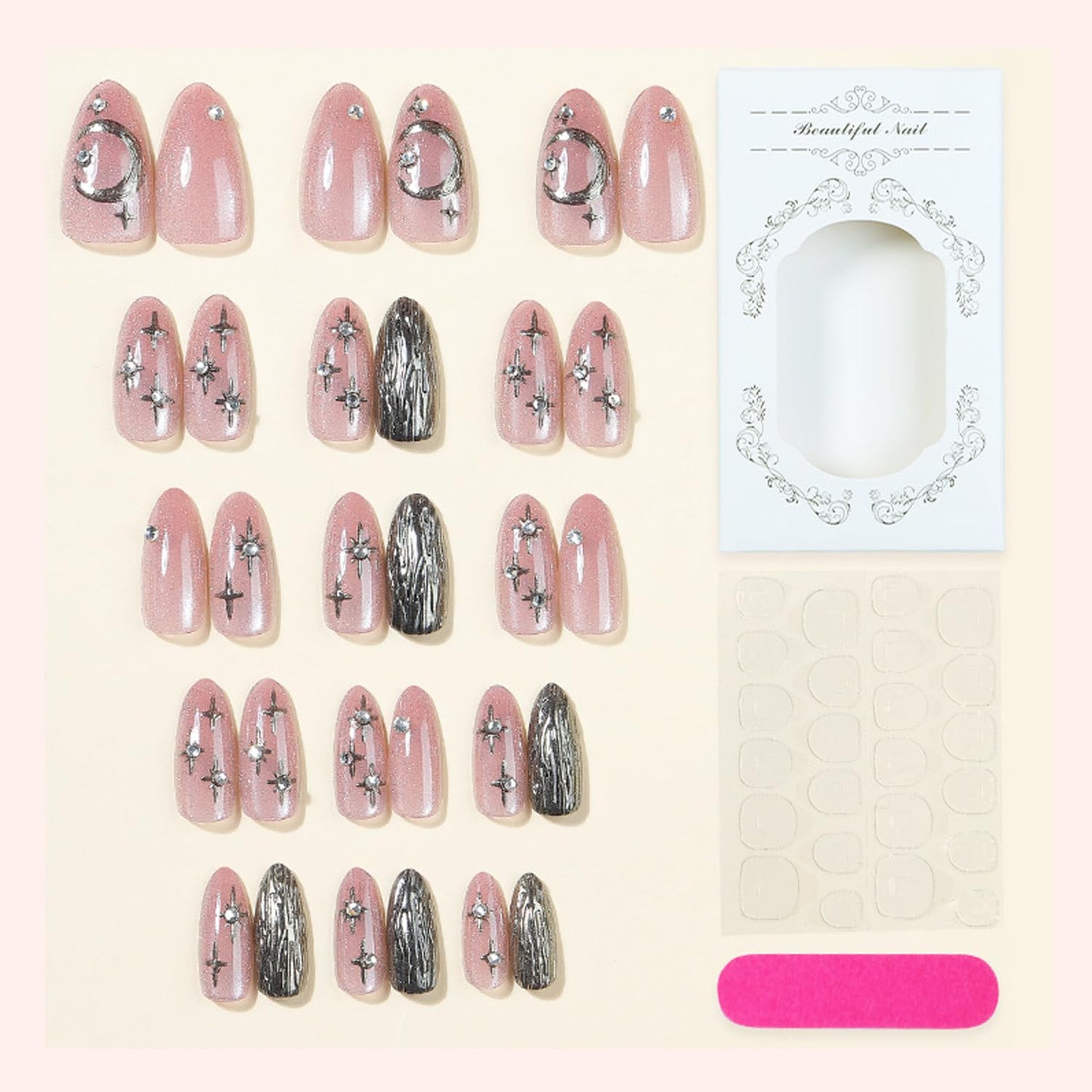 30Pcs Pink Glitter Press on Nails Almond Medium 3D Stars Sparkling Handmade False Nails Kit Glossy Full Cover Cute Stick on Nails Rhinestone Nails for Sweet Girl Star Moon DIY Manicure