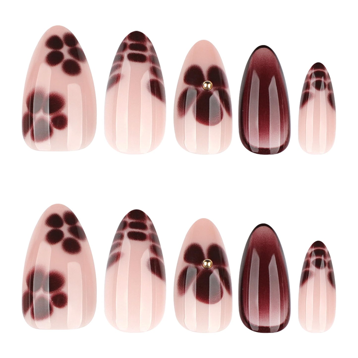 LBPEPAMZ 24Pcs Brown Flower Press on Nails Medium Almond Fake Nails with 3D Gold Beads Design Crocodile Pattern French Tip Acrylic False Nails Winter Autumn Pink Full Cover Stick on Nails for Women
