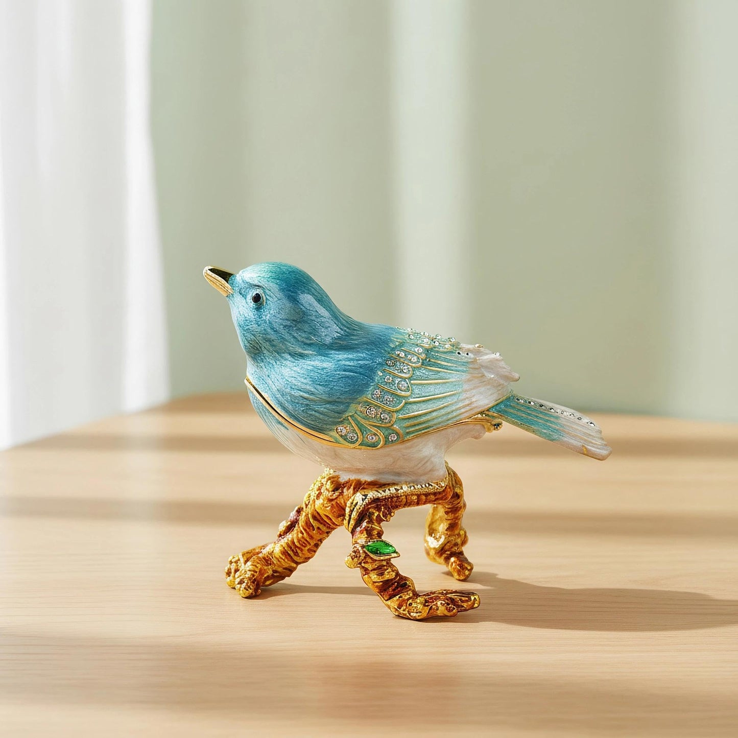 YU FENG Enamel Bird Trinket Box Jewelry Organizer, Hand Painted Decorative Hinged Keepsake Box – Blue Green Perched Bird