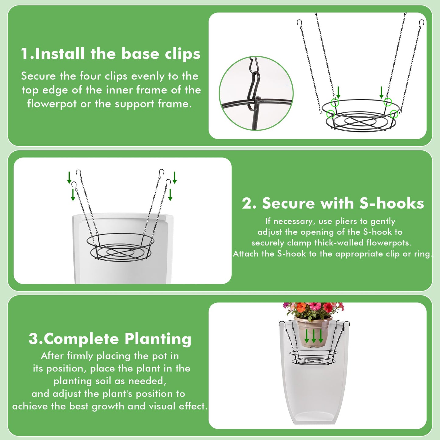 holoith 3 Pack Adjustable Planter Inserts for Pots, 12-24" Plant Risers for Inside Pots, Chain Pot Fillers for Round Planters to Reduce Soil, Black Stainless Steel Planter Insert with 4Hooks