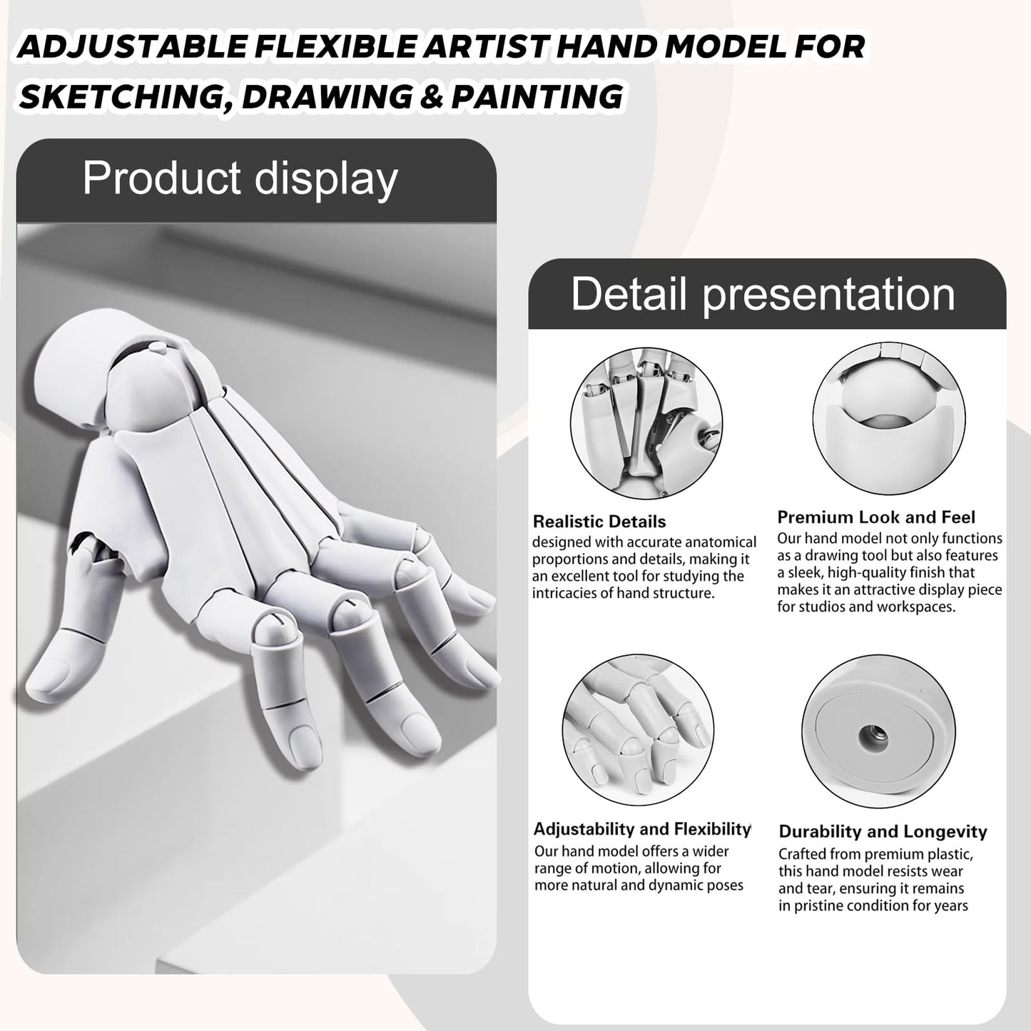 Flexible Hand Model Adjustable Artists Manikin Hand Figure Poseable Art Mannequin for Drawing Mannequin Lively Manikin Figure Hand Model for Desk Decoration Sketching Painting (Left Hand-White)