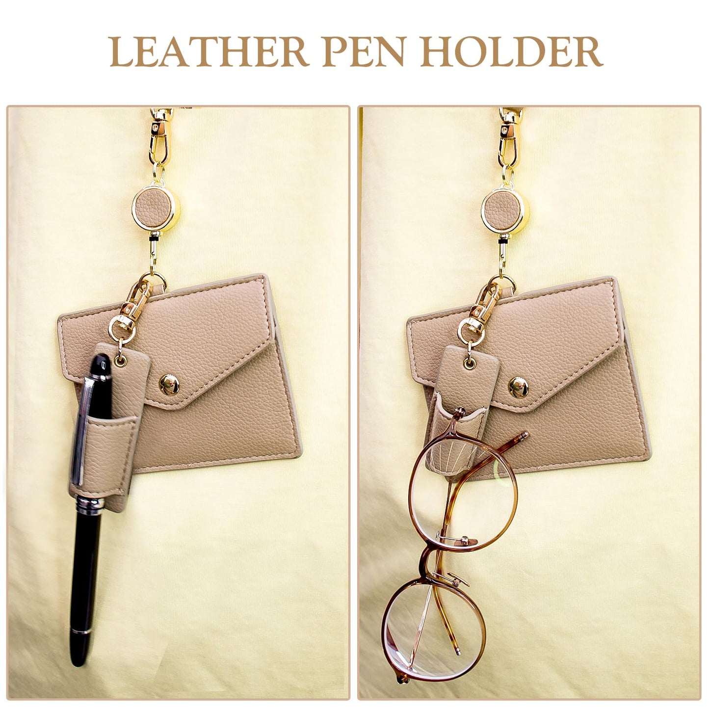 Office Badge Holder - Boshiho Genuine Leather Credit ID Card Holder with Stretch Neck Lanyard and Pen Clip, Gift Box (Horizontal-Light Brown)