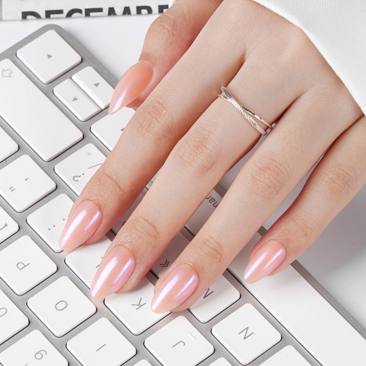 VSALON Short Almond Press On Nails, Pink Shimmer Neutral Fake Nails With UV Cure Glue, Glossy Glazed Opaque Spring Summer Stick On Nails False Nails - 32 Pcs 16 Sizes