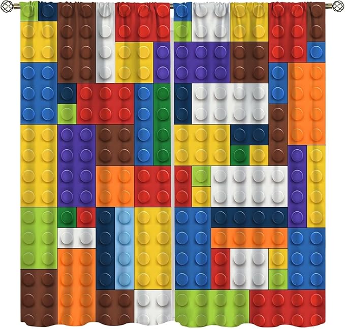 Kids Boy Curtain Blocks Toy Abstract Outline Colorful Geometric Brick Print Curtain for Boys Girls Nursery Room Curtains 84x84 Inch 2 Panels(Decor Curtains