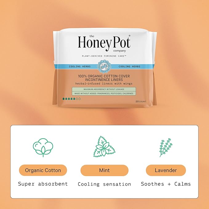 The Honey Pot Company - Herbal Panty Liners for Women - Organic Incontinence w/Wings - Infused w/Essential Oils for Cooling Effect - Postpartum Essentials - Feminine Care - FSA - 20ct