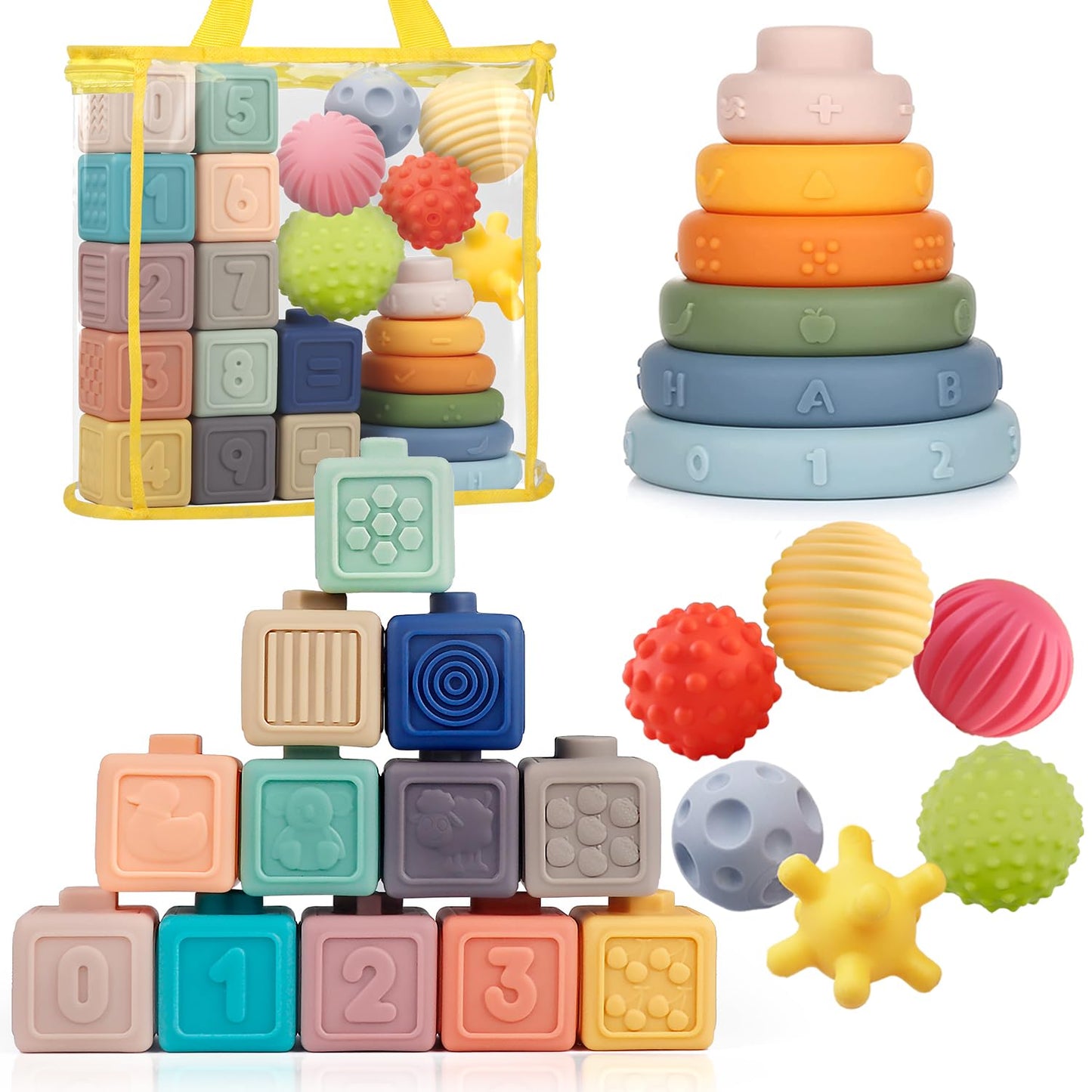 Weilim Montessori Toys Soft Stacking Building Blocks Rings Balls Sets 3 in 1 Baby Toys Bundle for Babies Sensory for Toddlers Teething Bath for Infants Learning Education Toy