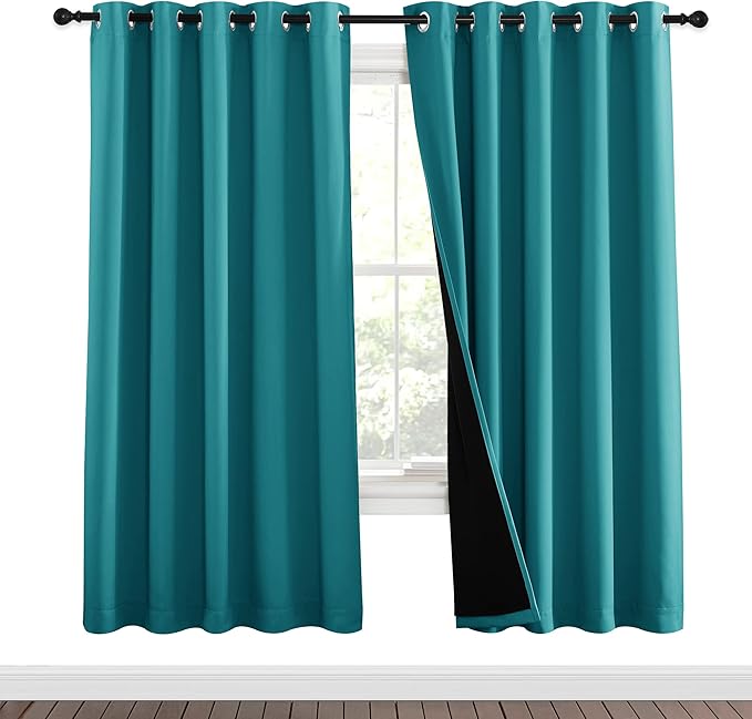 NICETOWN 100% Blackout Window Curtain Panels, Full Light Blocking Drapes with Black Liner for Nursery, 72-inch Drop Thermal Insulated Draperies (Peacock Teal, 2 Pieces, 62-inch Wide Per Panel)