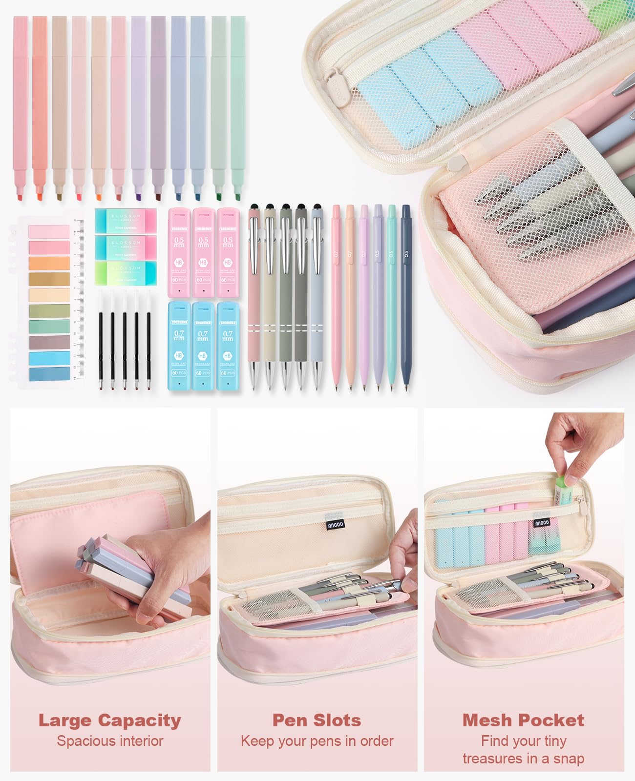 39PCS Aesthetic School Supplies with Cute Pencil Case, 5X Ballpoint Pens with Stylus Tip, 12X Pastel Highlighters, 6X Mechanical Pencil Set 0.5 & 0.7mm, Suit for Preppy School College Essentials(pink)