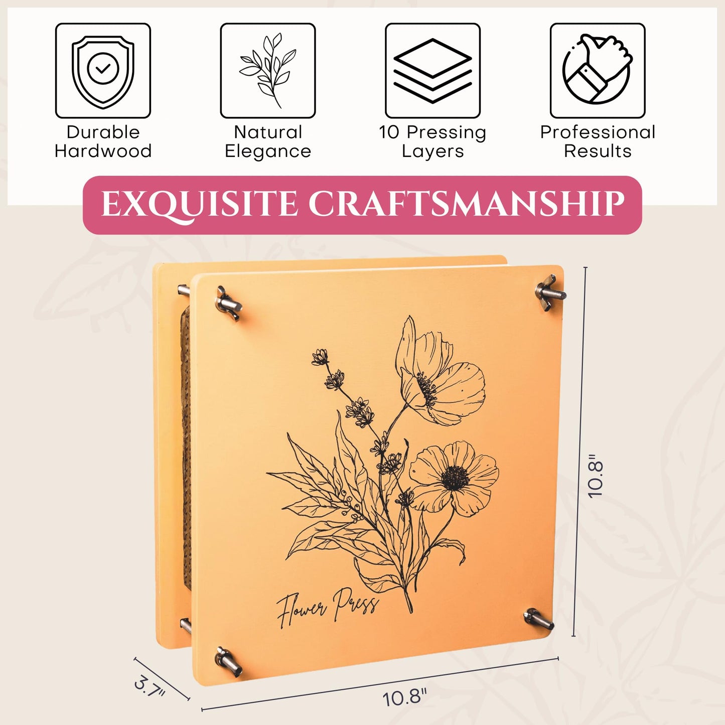 Wooden Flower Press - Durable Bolt Lock Design Complete Pressing Kit w/White Absorbent Sheets, Ebook Guide & More - 10 Layers for Drying & Preserving Flowers - Ideal Craft Gift for Nature Lovers