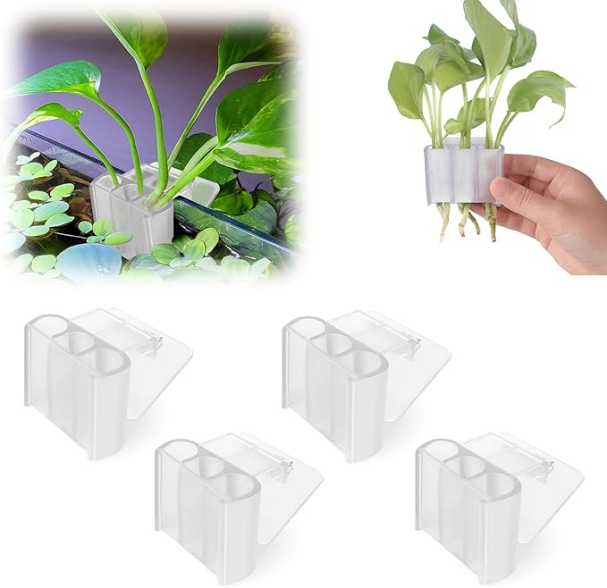 joqepy 4 Pk Upgraded Aquarium Plant Holder, 3-Hole Hanging Aquarium Plant Holder with Clip, Suitable for Fish Tank Plant Potting, Aquarium Decoration, White