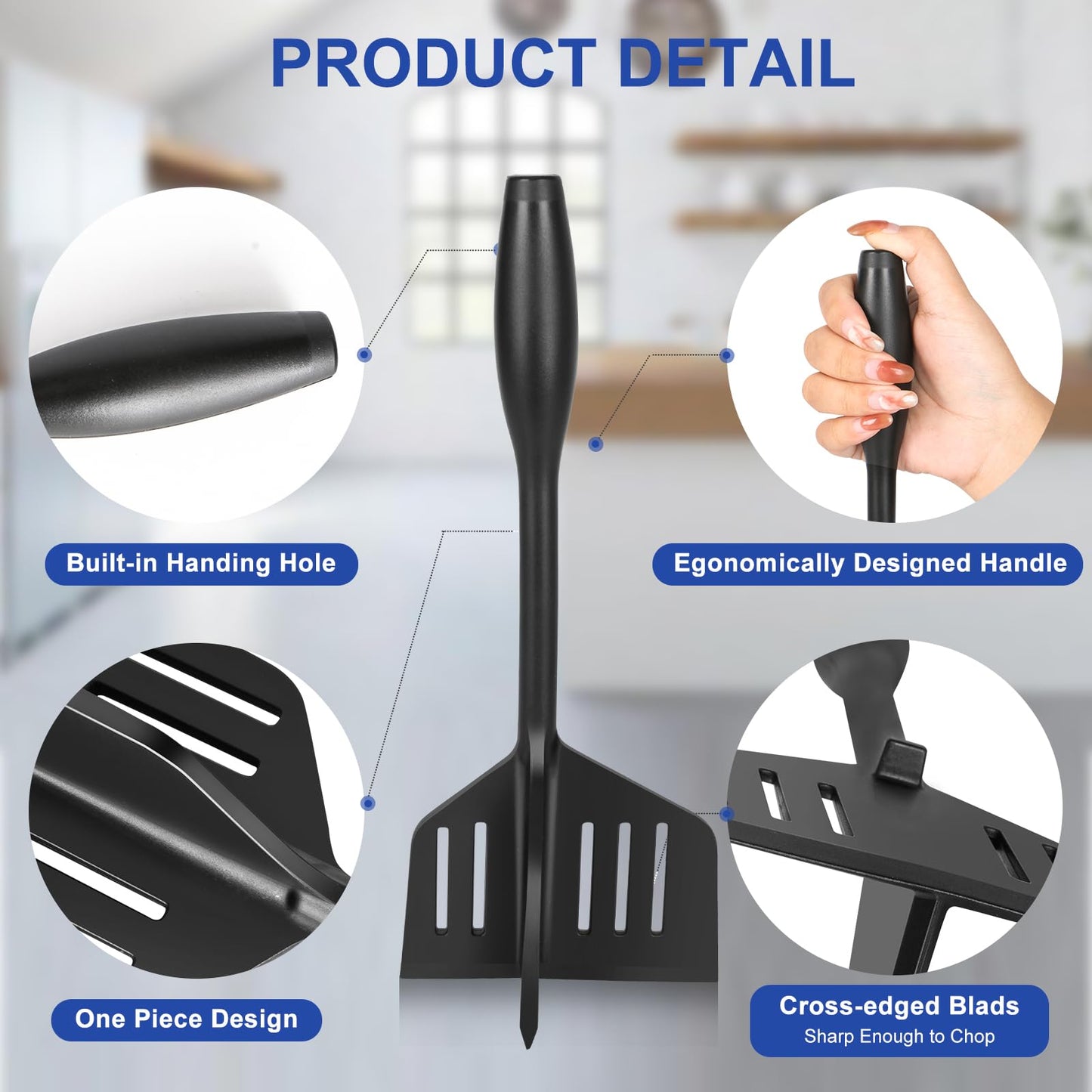 YHBARK Professional Heat Resistant Nylon Meat Cut, Spatula and Meat crusher Double Function, Potato Masher，Non-scratch Utensils，Good Grips Ground Meat Chopper,Black