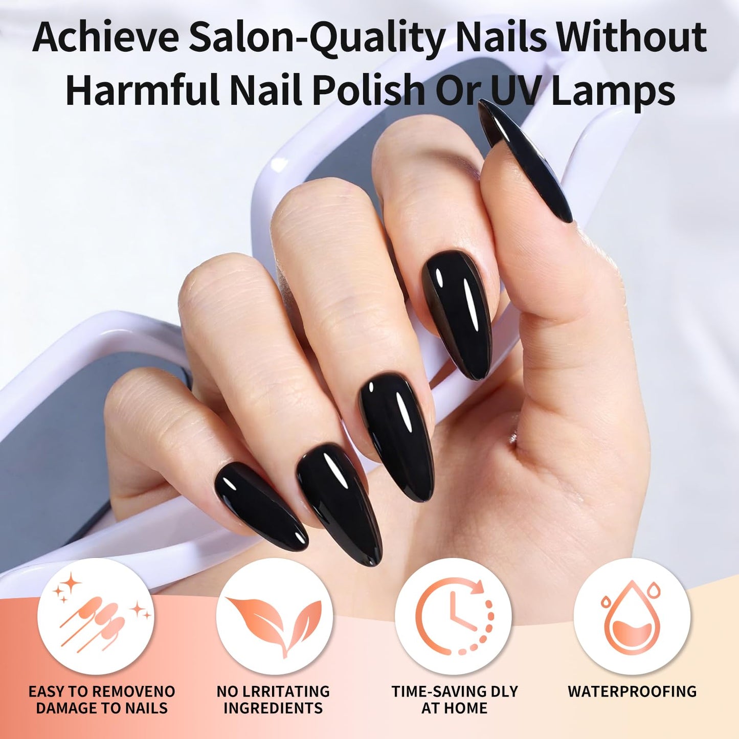 Semi Cured Gel Nail Strips -Jet Black -Stylish Nail Wraps, No UV Light Needed, Effortless Application & Removal, Salon Quality, Includes 16 Wraps, 1 Prep Pad, Wooden Stick & Nail File