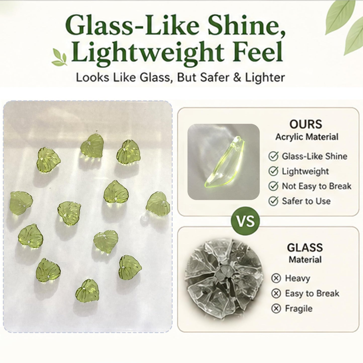 Green Acrylic Leaf Beads 400PCS – Transparent Leaf Charms for Jewelry Making, Acrylic Plant Beads for Earrings, Bracelets & Necklaces (Mixed Styles)
